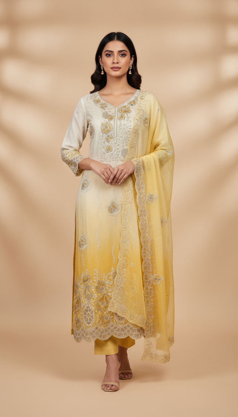 White and Yellow Ombre Silk Blend Suit with Silver and Gold Zari Embroidery-Unstiched